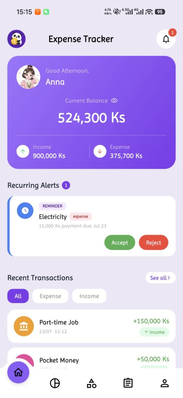 Shwee Shaung home screen showing current balance, income vs expense, and upcoming bill alerts