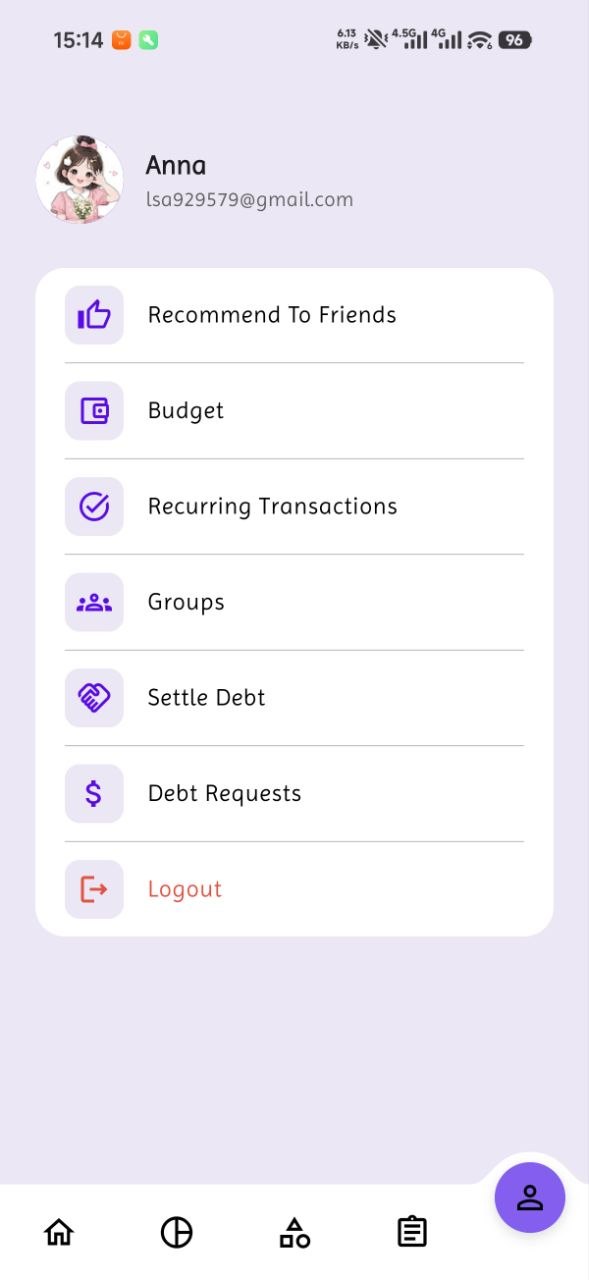 Profile menu screen with links to categories, budget, and recurring transactions