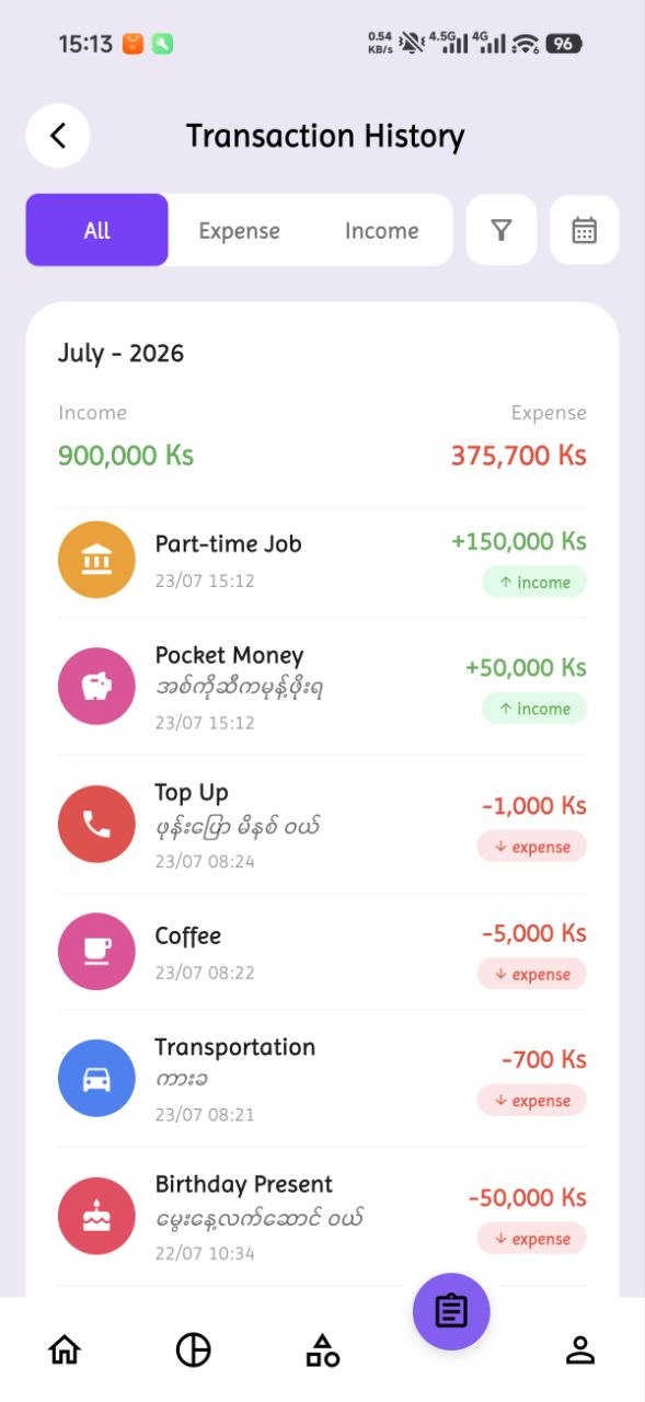 Transaction history screen listing income and expenses for July 2026, filterable by type